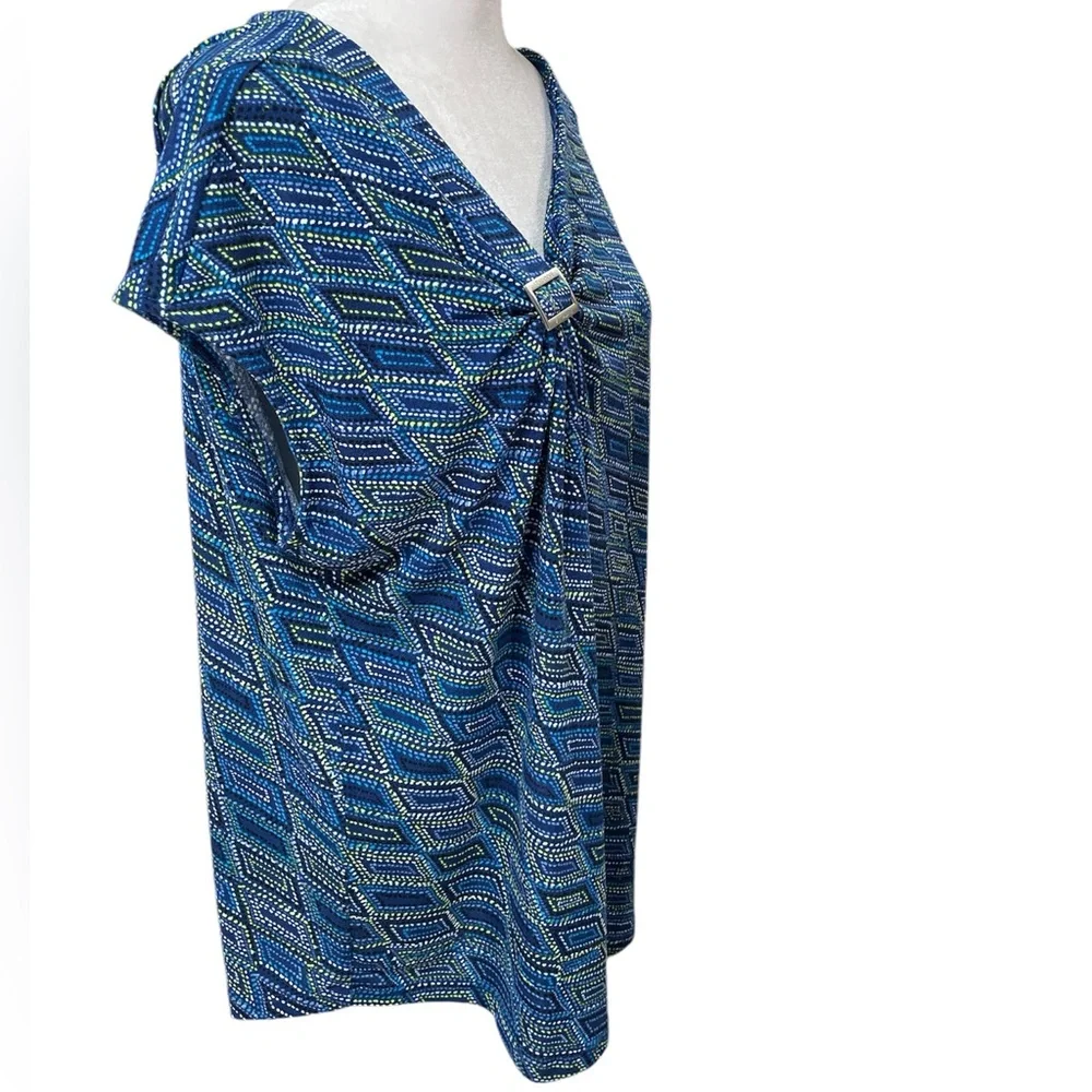 Adrienne Vittadini Blue, Green & White Print Sleeveless Ruched Blouse Size XL - Picture 3 of 12